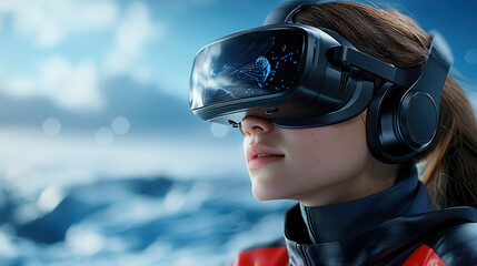 woman wearing virtual reality headset, immersed in digital experience, with ocean waves in background. scene conveys sense of adventure and technology