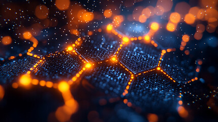 graphene molecular structure with glowing orange highlights, symbolizing innovation, nanotechnology, and the future of material science in advanced engineering and research