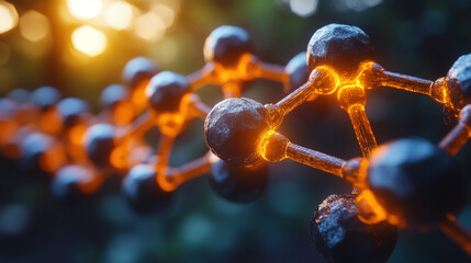 graphene molecular structure with glowing orange highlights, symbolizing innovation, nanotechnology, and the future of material science in advanced engineering and research