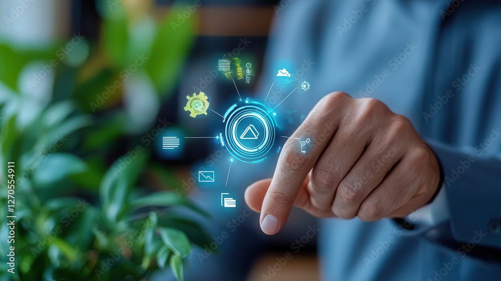 Poster businessman in modern office interacting with virtual technology, showcasing digital icons and data 