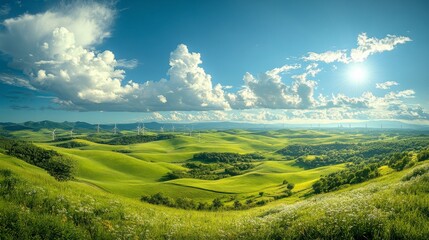 Fototapeta premium A vibrant landscape featuring lush green hills, a bright blue sky, and fluffy white clouds, evoking a sense of tranquility and natural beauty.