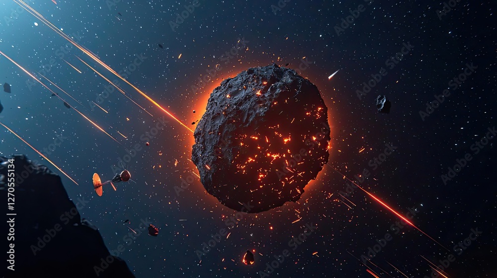 Wall mural asteroid impact idea. a stunning digital rendering of a fiery asteroid in deep space, surrounded by 