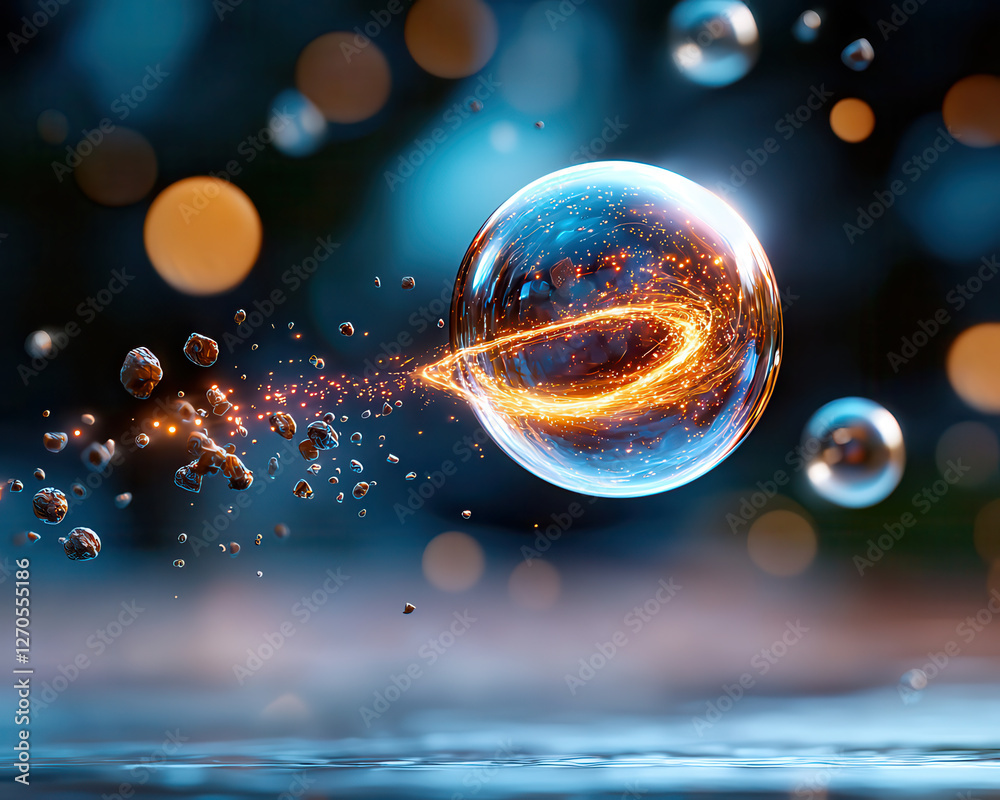 Poster radiant bubble surrounded by glowing particles, emitting celestial energy. scene captures mesmerizin