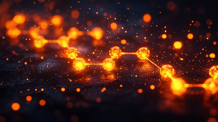 graphene molecular structure with glowing orange highlights, symbolizing innovation, nanotechnology, and the future of material science in advanced engineering and research