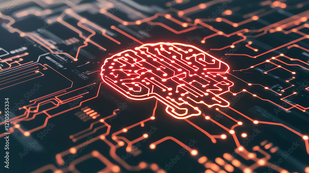 Poster artificial brain intelligence neural network deep learning technology circuit board connection conce