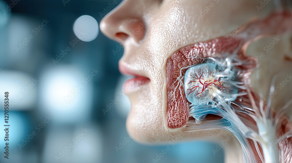 Poster detailed anatomical view of human neck, showcasing intricate structures of muscles, veins, and arteries. This cross sectional image highlights complexity of human anatomy and its functions