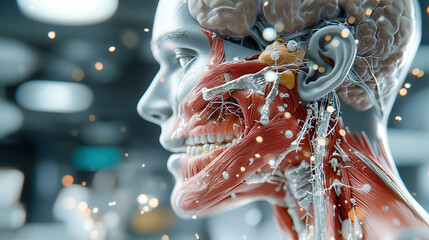 detailed anatomical illustration of human neck, showcasing muscles, nerves, and brain structure. This educational image highlights complexity of human anatomy and its intricate systems