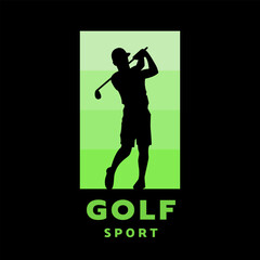 Silhouette of a man playing golf, logo, emblem on a dark background.