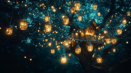 Fototapeta premium Enchanted Treehouse Surrounded by Glowing Lanterns at Night
