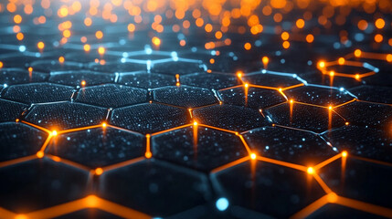 graphene molecular structure with glowing orange highlights, symbolizing innovation, nanotechnology, and the future of material science in advanced engineering and research