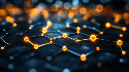 graphene molecular structure with glowing orange highlights, symbolizing innovation, nanotechnology, and the future of material science in advanced engineering and research