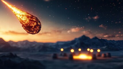 Asteroid impact concept. A glowing meteor descends over a distant landscape, illuminating the night sky.