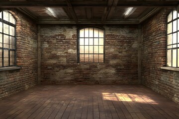 Empty brick loft interior, sunlit windows, urban background