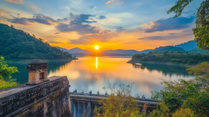 Obraz premium art of beautiful sunset in Ta Tunh Na dam and lake, Kanchana Buri, Thailand