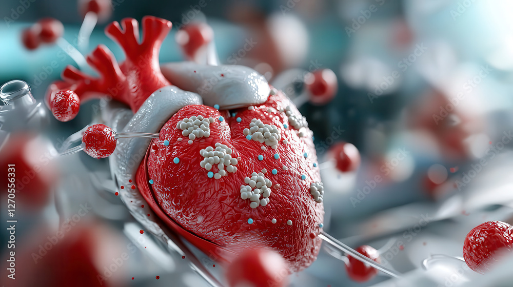 Poster detailed visualization of heart with cells and particles, showcasing complexity of cardiovascular health and disease. This evokes sense of scientific exploration and medical advancement