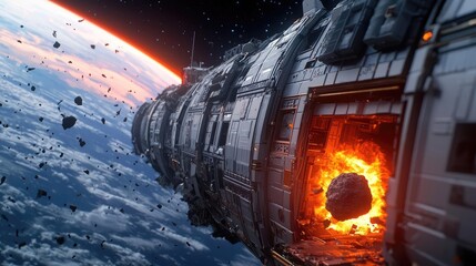 Naklejka premium Asteroid impact idea. A futuristic spacecraft navigating through an asteroid field in deep space.