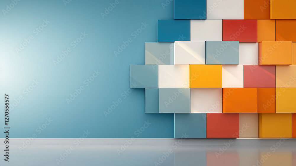 Poster Modern architectural facade with colorful geometric panels, creating vibrant and dynamic atmosphere. interplay of colors adds depth and interest to space