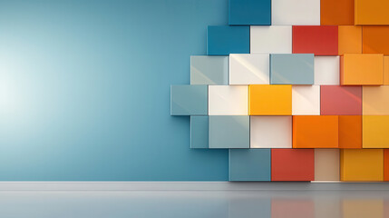 Modern architectural facade with colorful geometric panels, creating vibrant and dynamic atmosphere. interplay of colors adds depth and interest to space