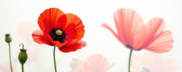 Vibrant red poppy, delicate petals, white background, elegant, element, flora