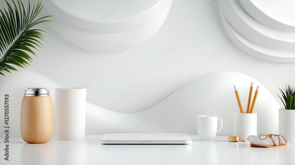 Poster modern workspace featuring minimalist design with laptop, coffee cup, and decorative plants. white b