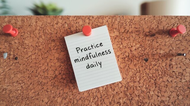 A reminder to practice mindfulness daily pinned to corkboard
