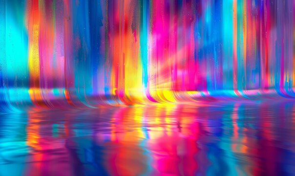 A colorful, abstract painting of a waterway with a sun reflecting on the water