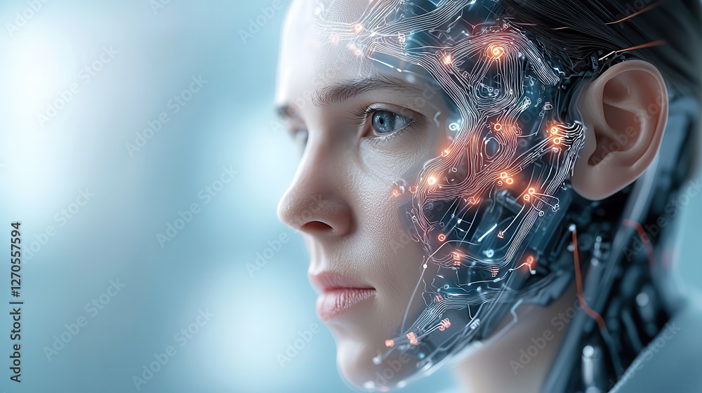 Aufkleber hyper realistic representation of female software engineer with cybernetic face, showcasing intricate circuits and glowing elements, reflecting innovation and technology