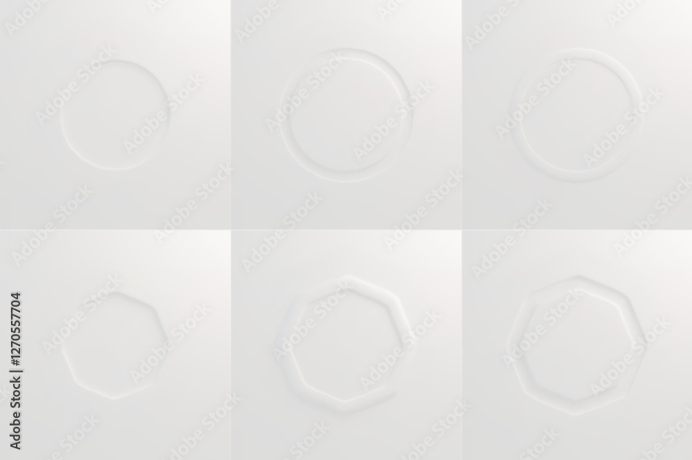 Wall mural white embossed circular and octagon frames on light background. minimalist geometric shapes with sub