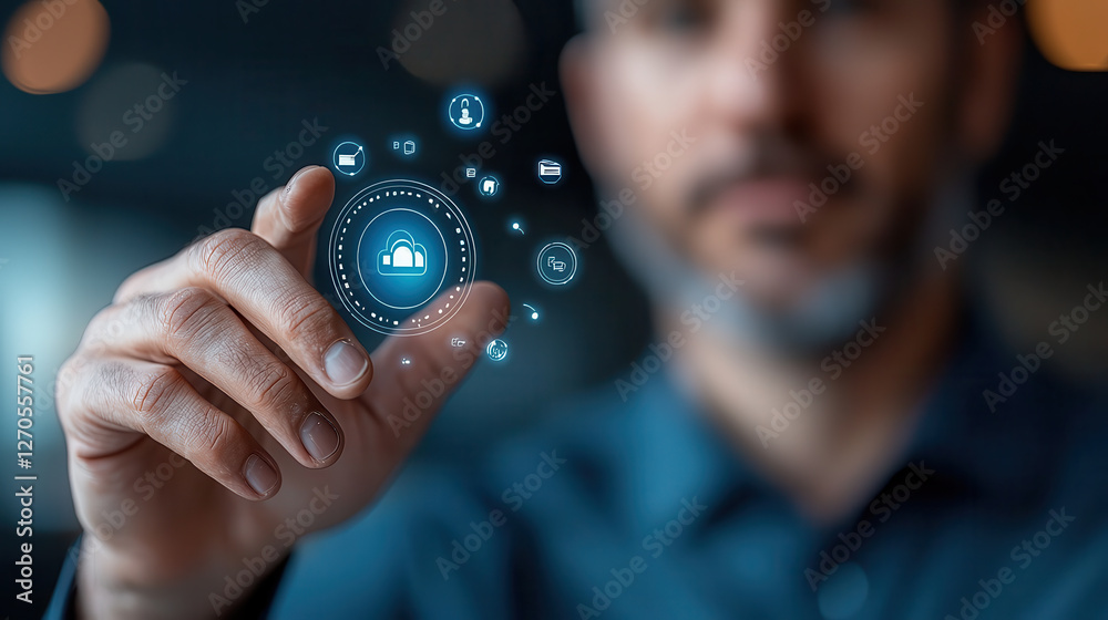 Leinwandbilder business professional interacts with digital security icons, symbolizing data protection and technol