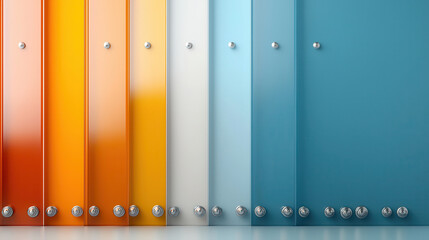 Colorful glass panels arranged in modern design, showcasing vibrant hues of orange, yellow, white, and blue. sleek lines and metallic fixtures create contemporary aesthetic