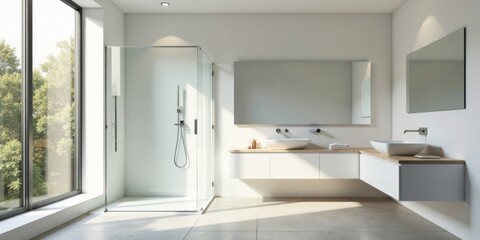 Modern minimalist bathroom design featuring a frameless glass shower enclosure, floating vanity with integrated sink, and expansive window showcasing natural light