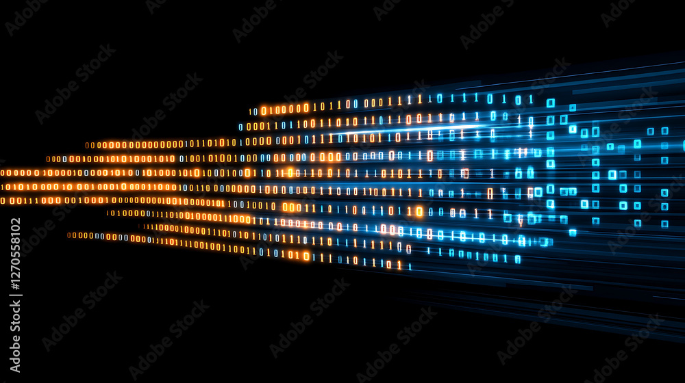 Poster binary flow digital data stream with 0 and 1 orange to blue gradient background innovation design