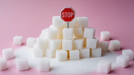 A pile of sugar cubes with a stop sign on top