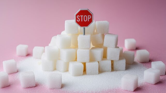 A pile of sugar cubes with a stop sign on top