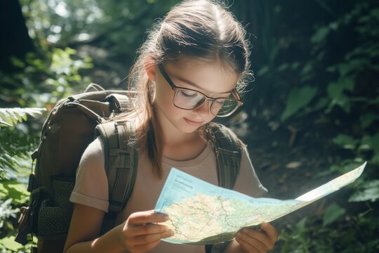 A girl reading a map with glasses for myopia prevention. Featuring a scenic trail and lush surroundings