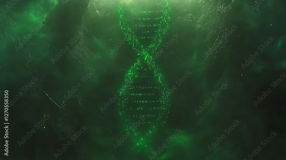 Poster bioluminescent dna helix strands in a green sci fi environment with digital binary code overlay