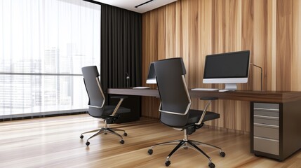 Modern office interior featuring sleek desks, ergonomic chairs, and a city skyline view