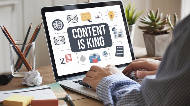 Person working on a laptop with content is king message