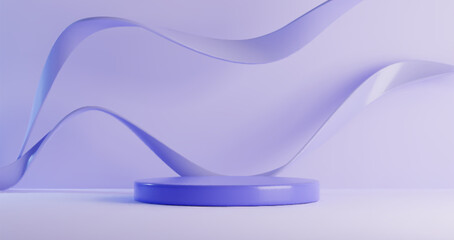 Minimalist round podium with flowing purple silky ribbons on pastel background. Elegant platform display with curving confetti elements for product presentation. Cylindrical stage for items showcase.