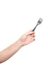 Female hand holding a black plastic fork isolated on white background.