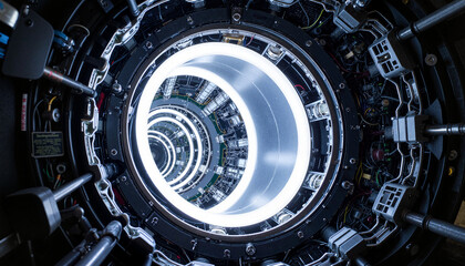 Futuristic tunnel with circular lights and technology elements