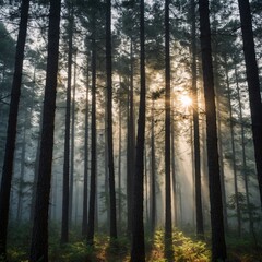 A misty forest at dawn with soft sunlight filtering through tall pine trees.