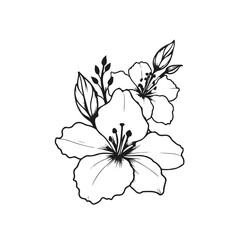 Hibiscus Flower Black Sketch Isolated on White Background. Blooming Linear Design. Hibiscus Flowers Silhouette Vector Line Art Drawing.