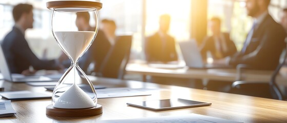 Business meeting with hourglass symbolizing time.