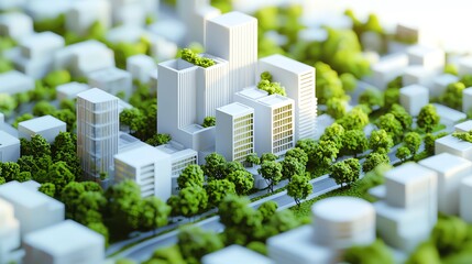 Modern city model with green landscape.