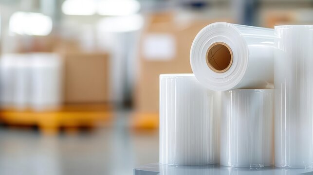 Rolls of polyethylene film with different thickness levels, displayed in a production facility.
