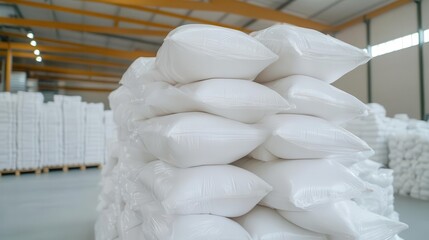 Polyethylene resin in bulk storage, raw plastic material in a vast industrial warehouse.