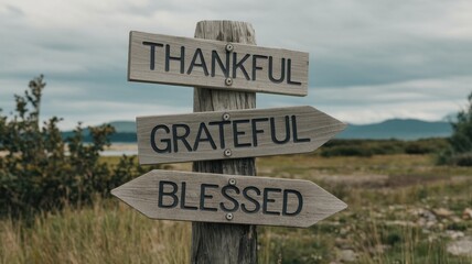 Signpost displaying the words thankful grateful and blessed outdoors