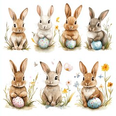 Fototapeta premium Adorable easter bunny with painted eggs watercolor illustration in pastel tones, cute easter bunny with painted eggs, festive spring holiday artwork