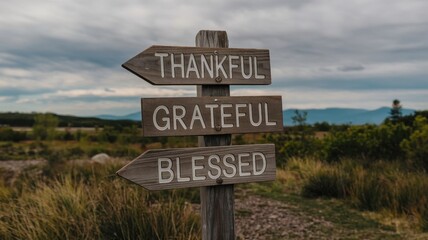 Wooden signpost showing words thankful grateful and blessed in nature